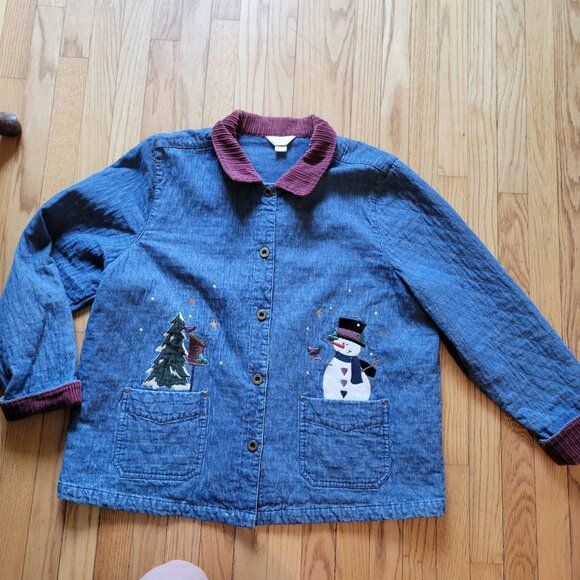 Christopher Banks Quilted Denim Jacket Corduroy Trim Snowman Embroidery Medium - Picture 10 of 11